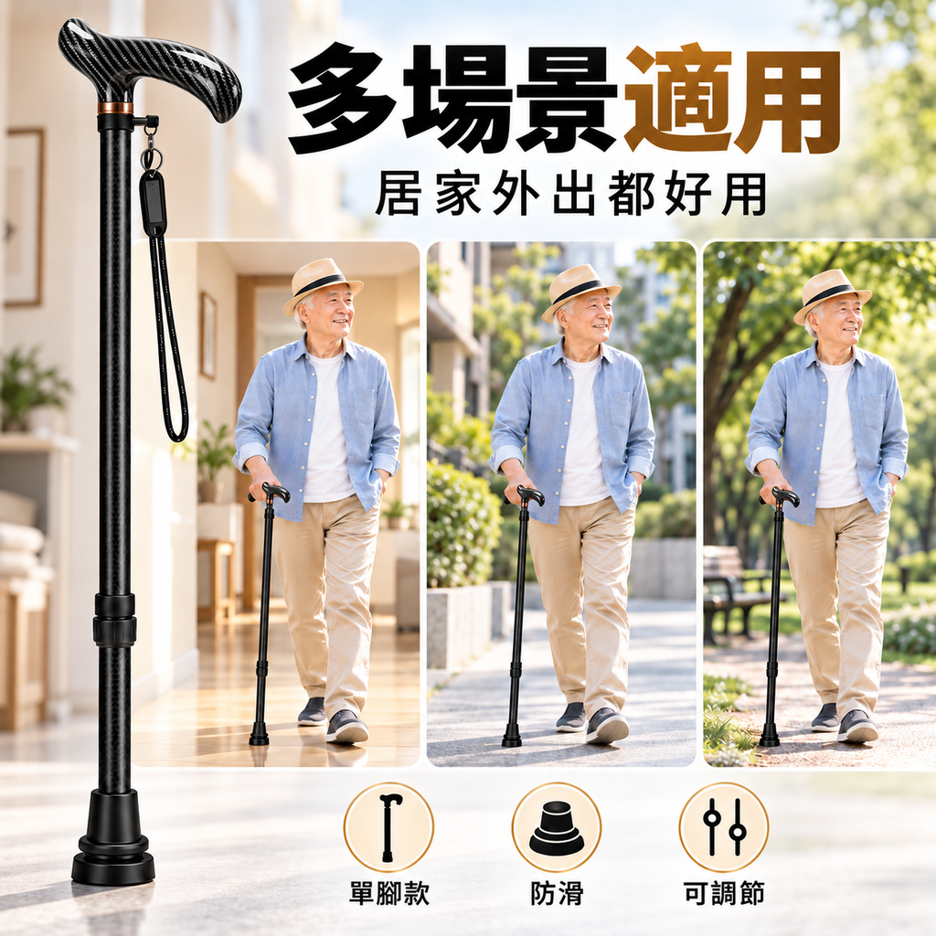 碳纖維輕便防滑拐杖(黑色|高度可調)|長者專用防摔杖|下肢傷患者中風康復者拐杖|步行登山杖