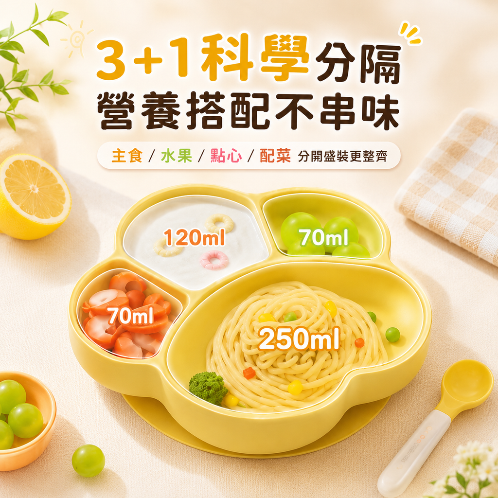 嬰幼兒矽膠分格餐盤(粉紅色)│熊爪矽膠碗進食碗│BLW自主進食訓練盤│兒童吸盤防打翻餐具