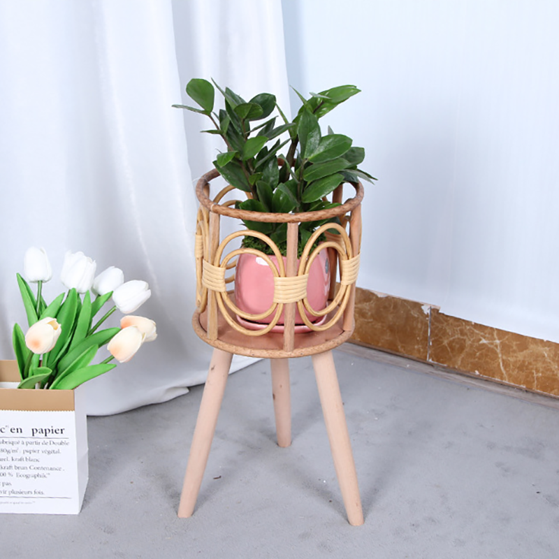 竹藤實木花架 花籃花盆 室內戶外植物高腳支架 (一套兩件)
