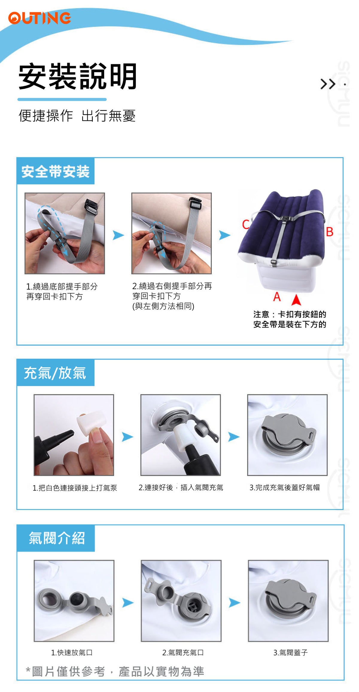 旅行充氣睡墊(藍色)移動睡床飛機汽車高鐵|充氣便攜床墊