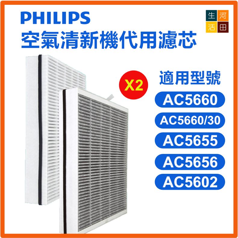 2件裝飛利浦代﻿用濾芯適用於Philips AC5660 FY5186 空氣清新機替換用HEPA含活性碳濾網濾芯