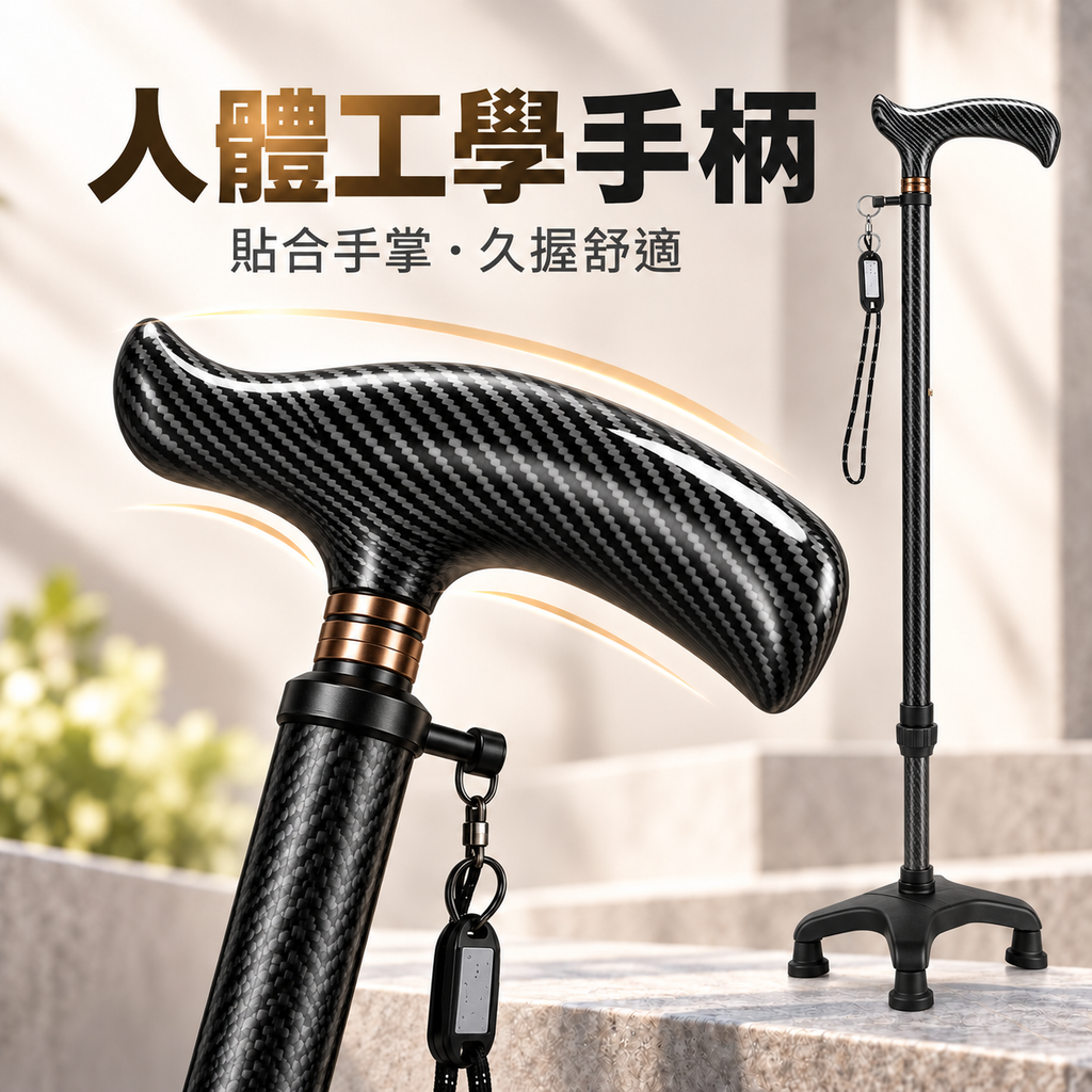 碳纖維輕便防滑拐杖(黑色四腳款|高度可調)|長者專用防摔杖|下肢傷患者中風康復者拐杖|步行登山杖