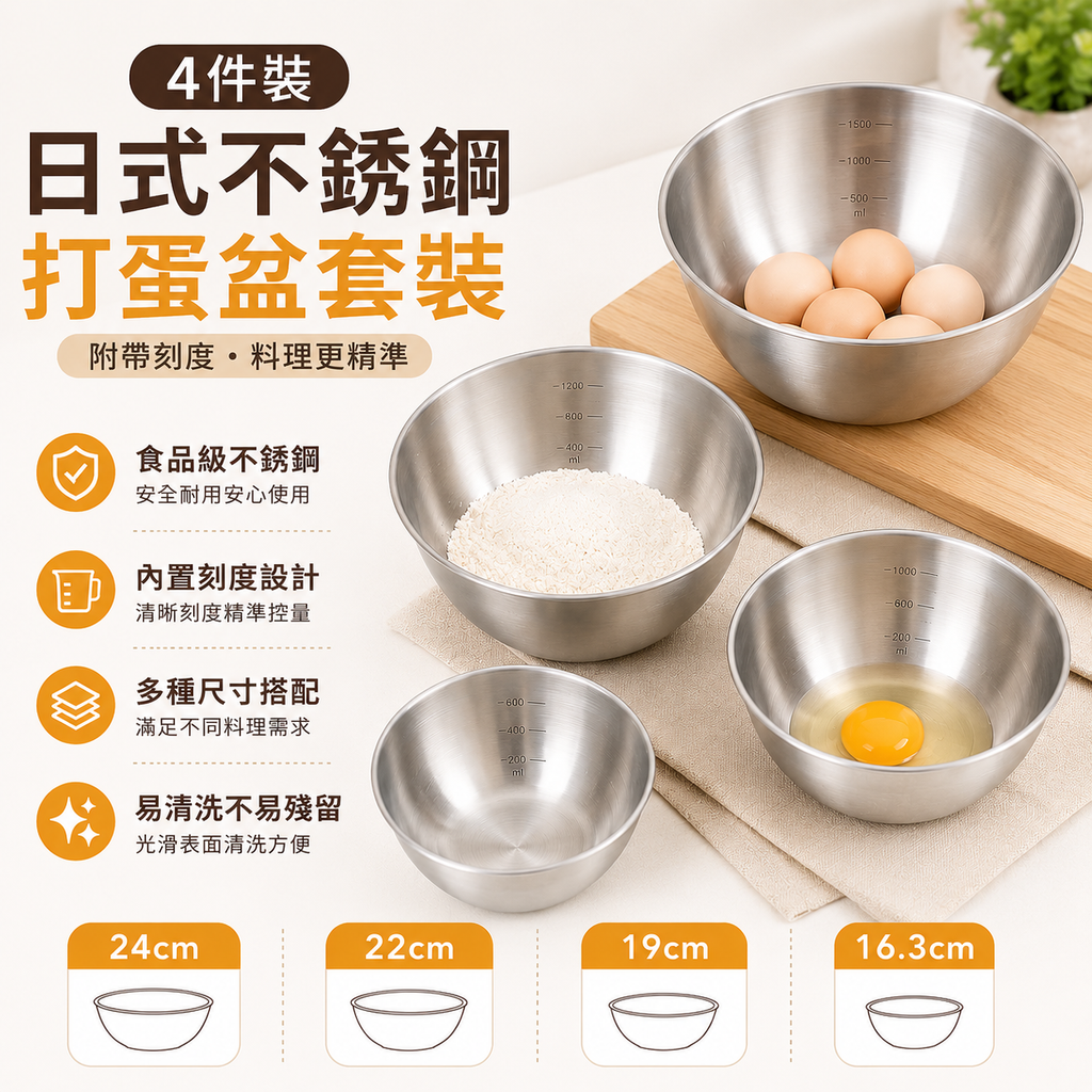 4件裝日式不銹鋼打蛋盆套裝附帶刻度 |烘焙甜品製作及醃肉等食品製作工具 |沙律盆 |食品級材質多功能料理盆