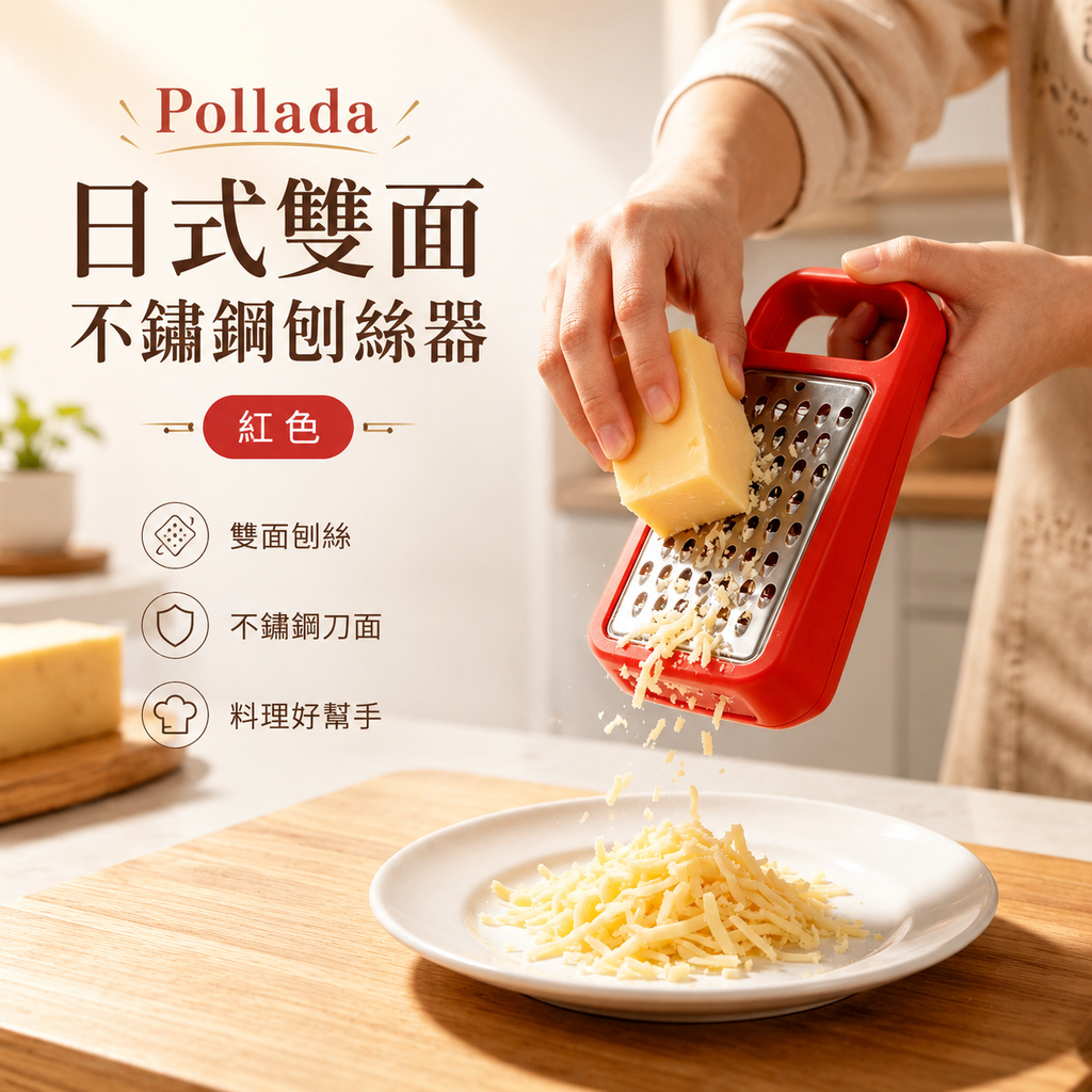 Pollada日式雙面不鏽鋼刨絲器(紅色)│家用馬鈴薯胡蘿蔔切絲器│廚房擦絲神器