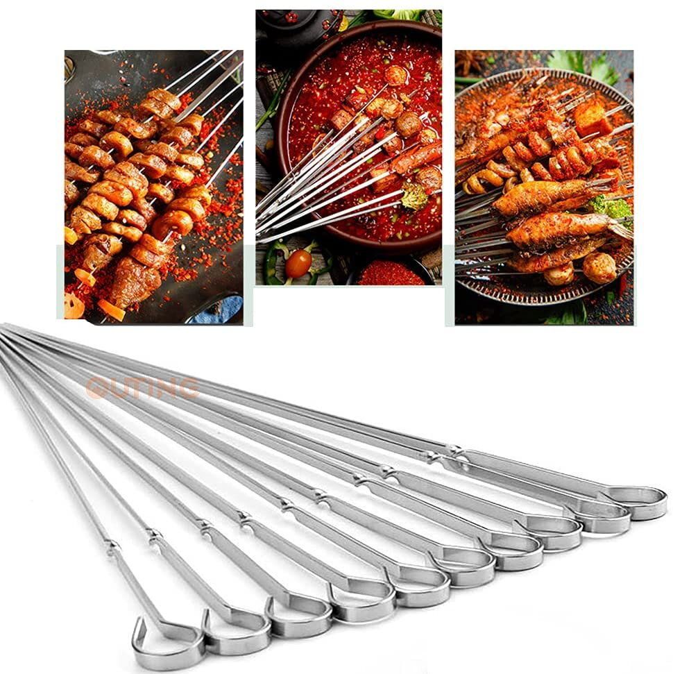 BBQ不銹鋼波浪燒烤針（1盒10支）38cm |可重覆使用食品級 扁針 燒烤叉 肉串針 長型串燒