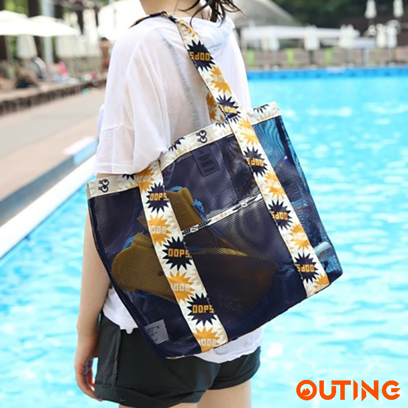 沙灘網狀防沙袋 大容量防水tote bag 夏日休閒游泳袋戶外運動手提袋 多用途袋 旅行日用品手提包 野餐收納包 (藍色)