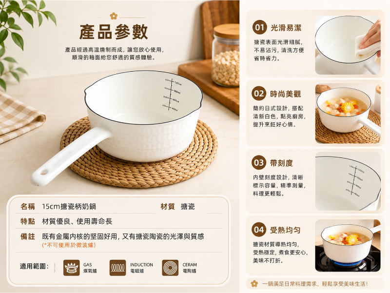 日式搪瓷柄奶鍋((白色 15cm)│帶刻度加厚煮食鍋│迷你琺瑯輔食鍋│單柄牛奶鍋泡麵鍋