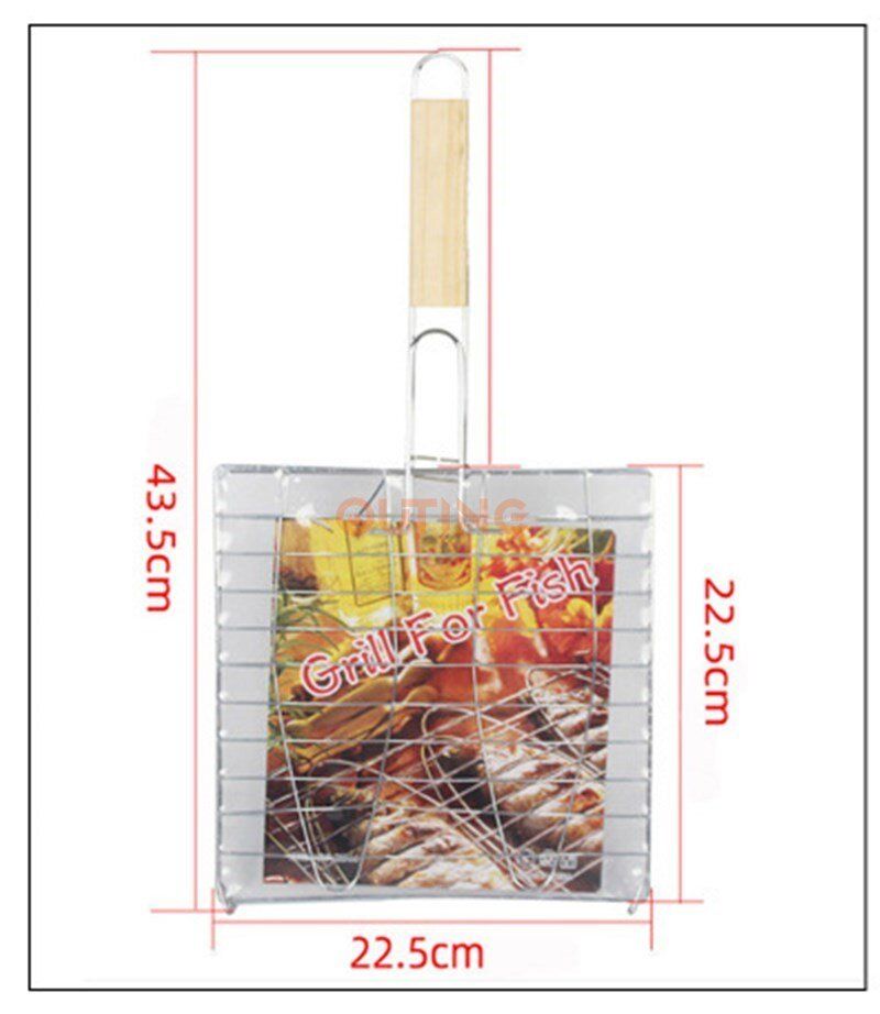 方形木柄雙魚BBQ燒烤網/燒烤雙魚烤架/烤爐雙魚夾/燒烤架/燒烤夾/烤魚夾/烤肉夾/燒烤網/麵包燒烤夾/漢堡燒烤夾/燒魷魚/魚肉/蔬菜/蝦