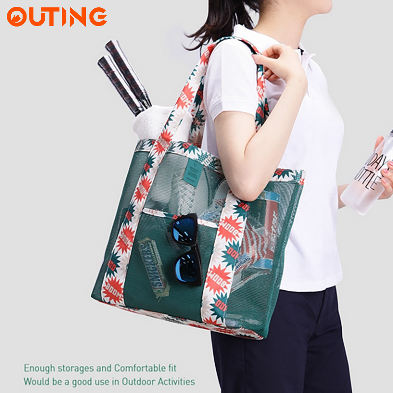 沙灘網狀防沙袋 大容量防水tote bag 夏日休閒游泳袋戶外運動手提袋 多用途袋 旅行日用品手提包 野餐收納包 (藍色)