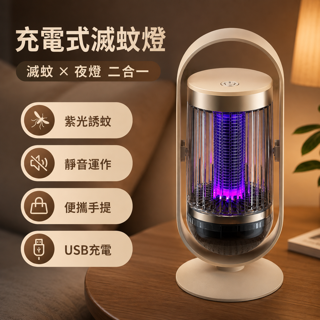 二合一電吸式滅蚊燈(米黃色)│滅蚊小夜燈│自動誘蚊驅蚊燈│充電款戶外露營滅蚊燈│充電便攜驅蚊燈│一燈兩用