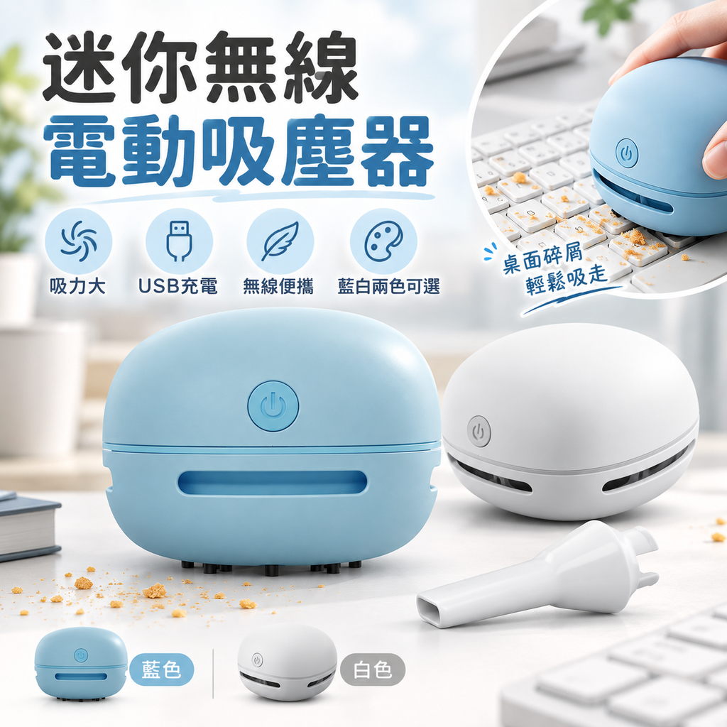迷你無線電動吸塵器(藍色)│USB充電家用清潔機│大吸力桌上型吸塵器│無線便攜多功能小型吸塵器