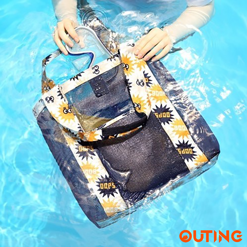 沙灘網狀防沙袋 大容量防水tote bag 夏日休閒游泳袋戶外運動手提袋 多用途袋 旅行日用品手提包 野餐收納包 (藍色)