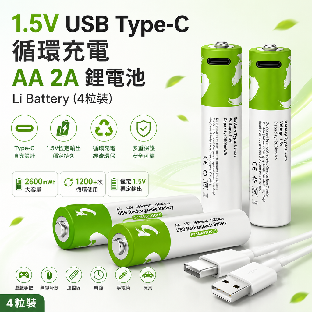 1.5V USB Type-C 循環充電  AA 2A 鋰電池 Li Battery （4粒裝）