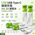 1.5V USB Type-C 循環充電  AA 2A 鋰電池 Li Battery （4粒裝）