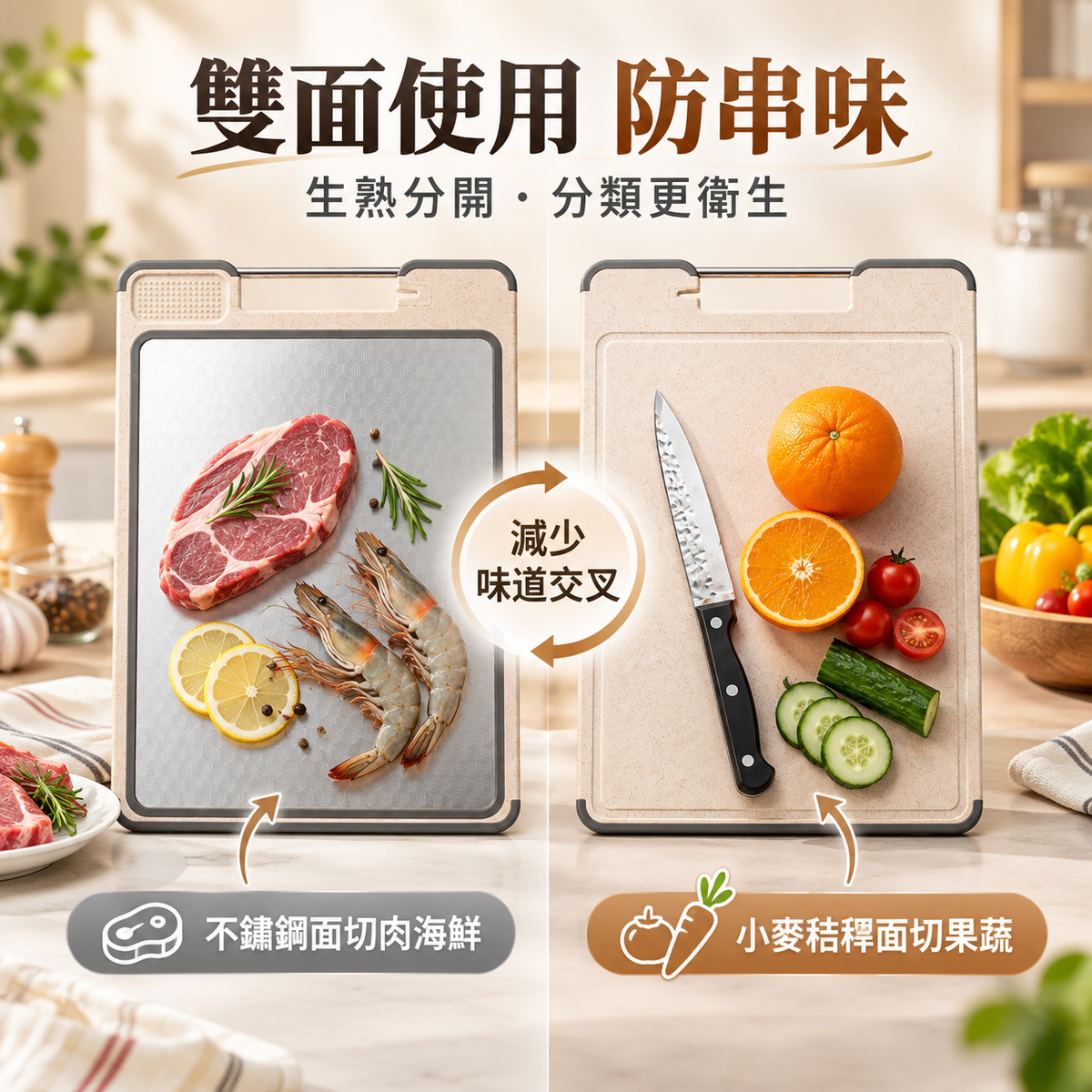 不銹鋼小麥秸稈雙面砧板│家用分類菜板│多功能四合一切菜板│切菜磨刀砧板
