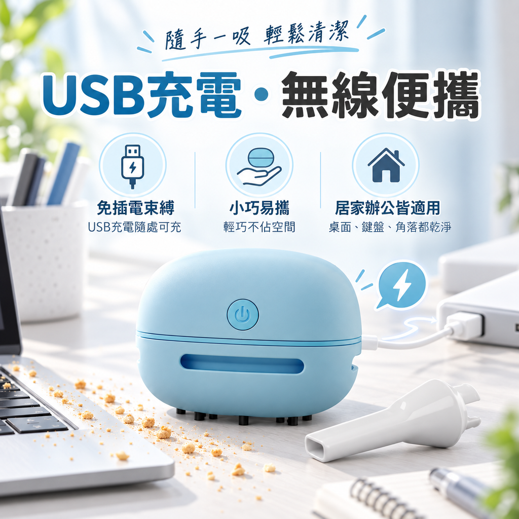 迷你無線電動吸塵器(藍色)│USB充電家用清潔機│大吸力桌上型吸塵器│無線便攜多功能小型吸塵器