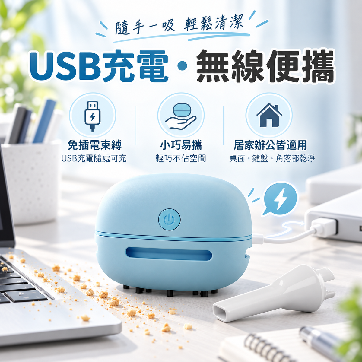 迷你無線電動吸塵器(藍色)│USB充電家用清潔機│大吸力桌上型吸塵器│無線便攜多功能小型吸塵器