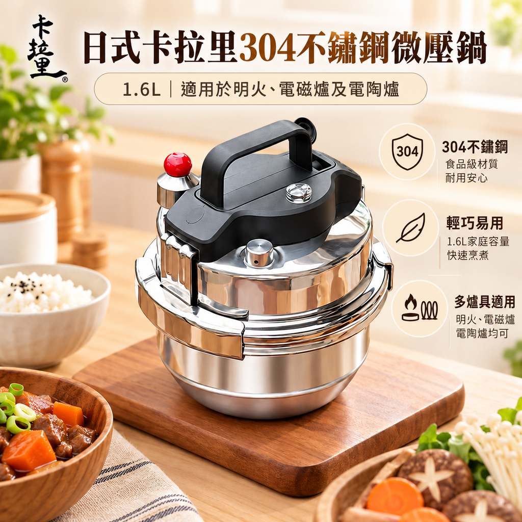 日式卡拉里304不鏽鋼微壓鍋(1.6L│適用於明火、電磁爐及電陶爐)│自駕戶外便攜高壓鍋│旅行迷你壓