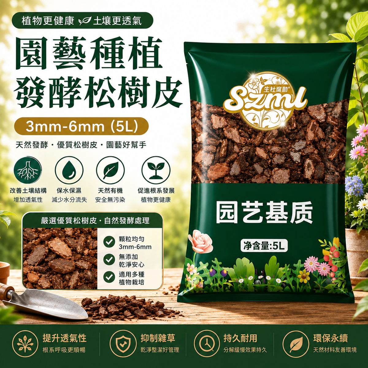 園藝種植 發酵松樹皮 松鱗 蘭花盆栽泥土壤介質 3mm-6mm 5L