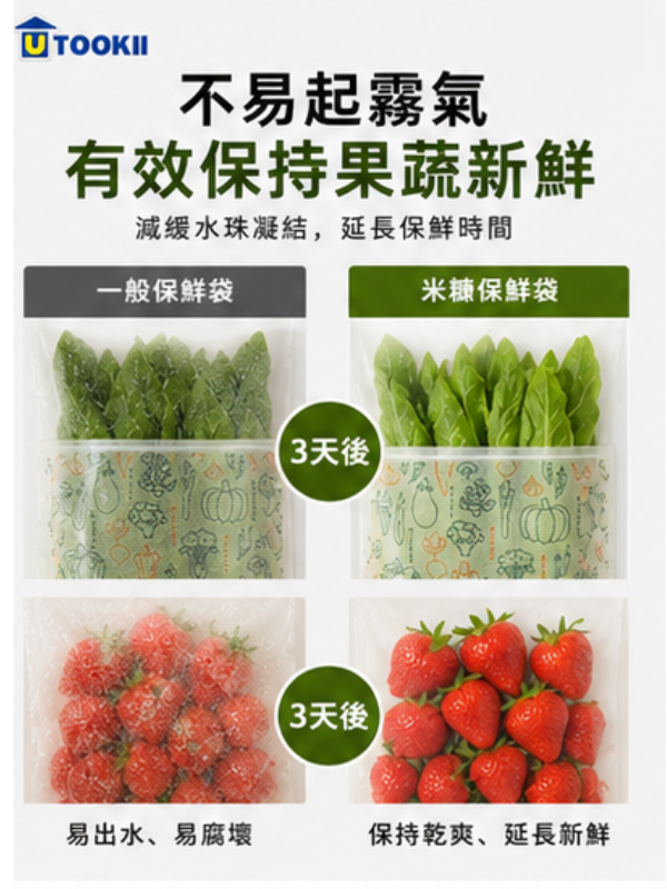 蔬菜延長米糠保鮮袋(4張)│食品分裝袋│冰箱收納儲存水果袋