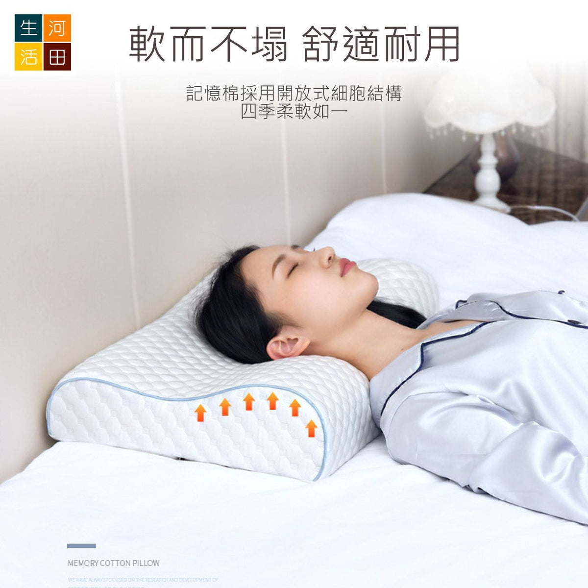 記憶綿波浪枕|白色蘭精天絲套護頸慢回彈枕|高低設計記憶枕頭|波浪曲線貼枕