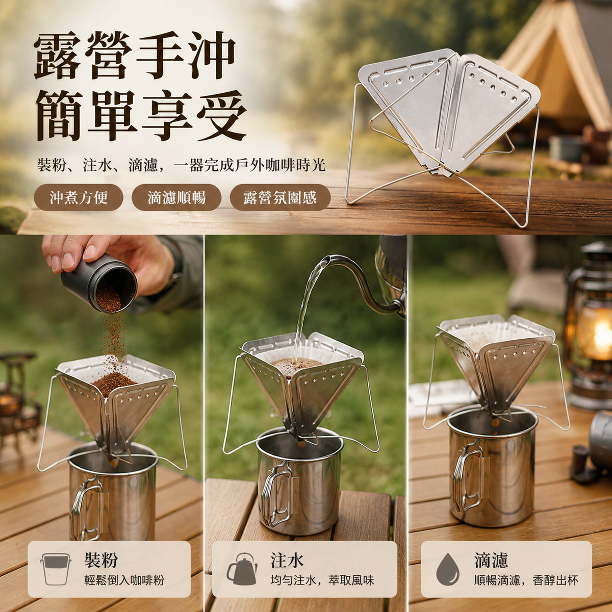 戶外露營手沖咖啡過濾器│漏斗帶支架不銹鋼過濾杯│滴漏神器│細密咖啡過濾器│輕巧便攜