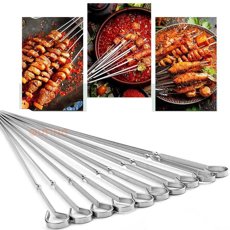BBQ不銹鋼波浪燒烤針（1盒10支）38cm |可重覆使用食品級 扁針 燒烤叉 肉串針 長型串燒