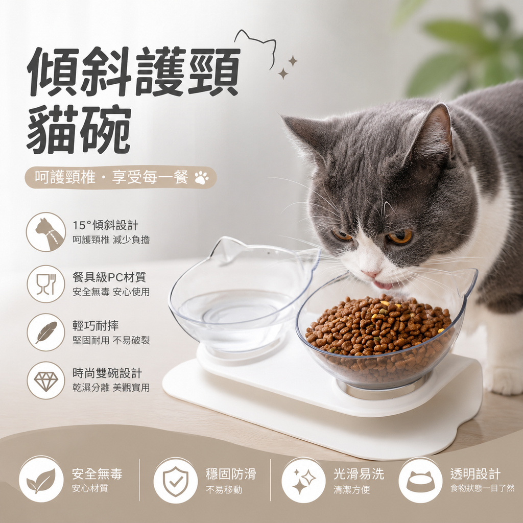 傾斜護頸貓碗(雙碗裝)│寵物透明碗│貓咪食盆│寵物用品│貓耳碗狗糧碗