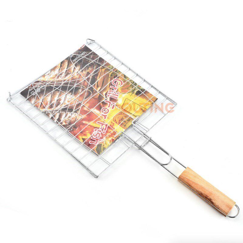 方形木柄雙魚BBQ燒烤網/燒烤雙魚烤架/烤爐雙魚夾/燒烤架/燒烤夾/烤魚夾/烤肉夾/燒烤網/麵包燒烤夾/漢堡燒烤夾/燒魷魚/魚肉/蔬菜/蝦