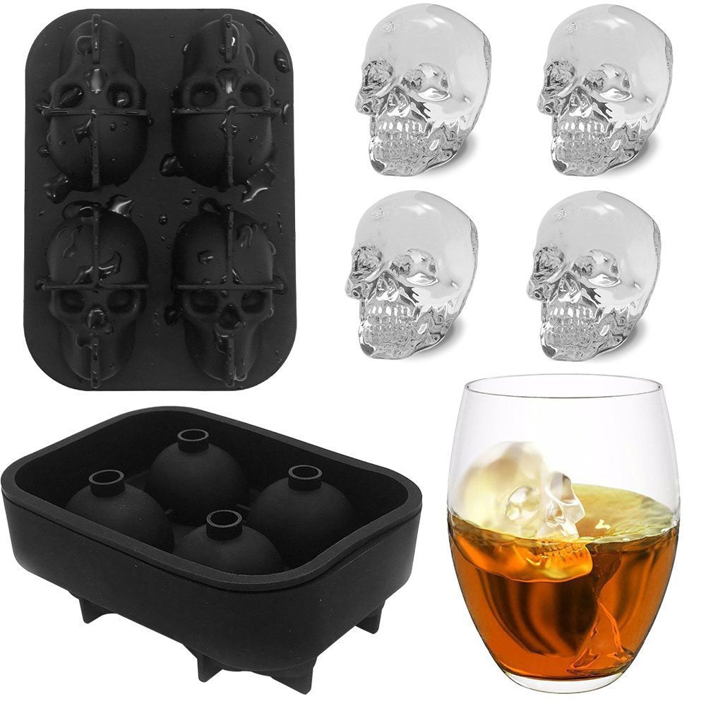 骷髏頭冰塊 食品級3D矽膠模具 萬聖節 威士忌 酒杯 冰淇淋 蛋糕烘焙 肥皂 巧克力 蠟燭模 帶蓋製冰盒 冰球模具 DIY冰塊