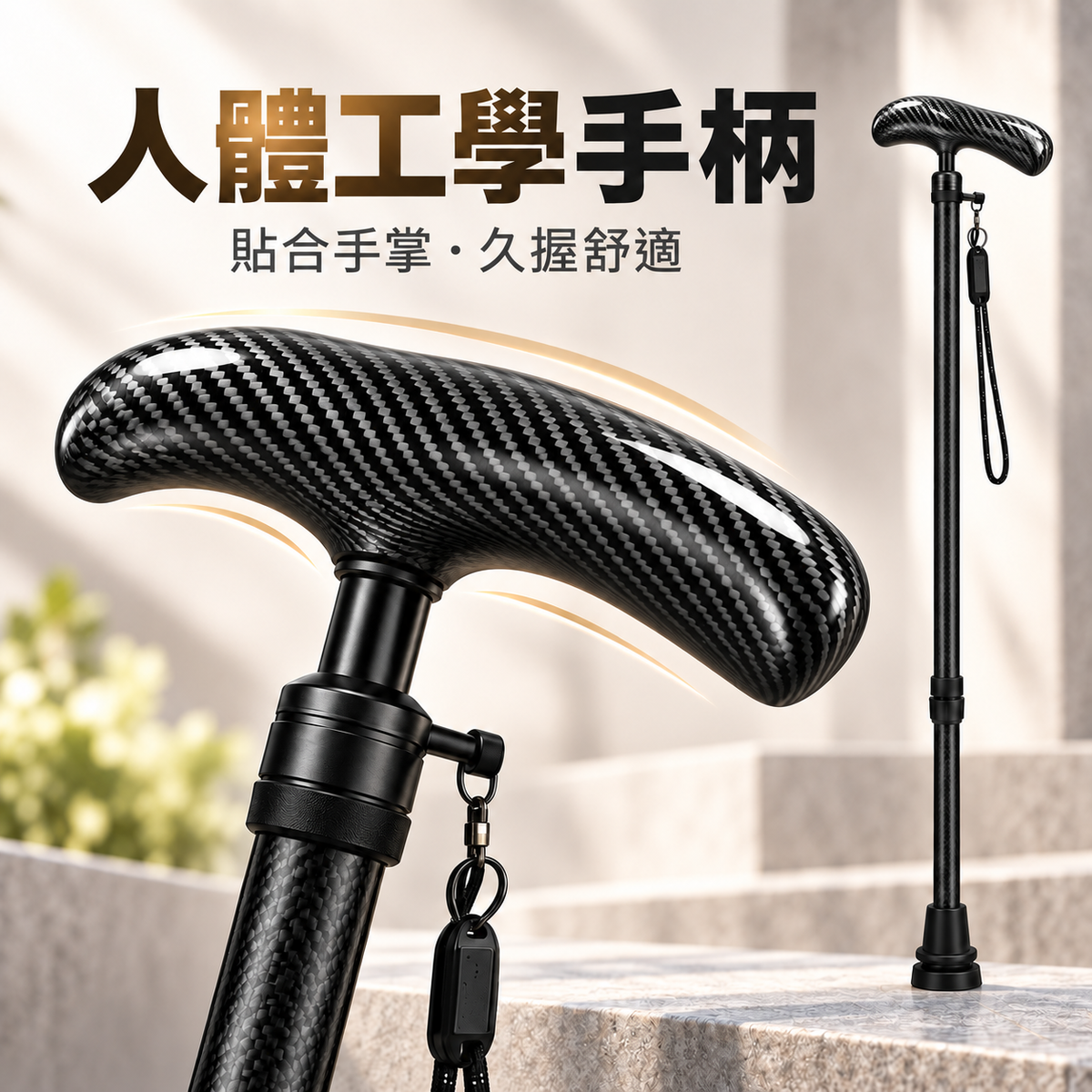 碳纖維輕便防滑拐杖(黑色|高度可調)|長者專用防摔杖|下肢傷患者中風康復者拐杖|步行登山杖