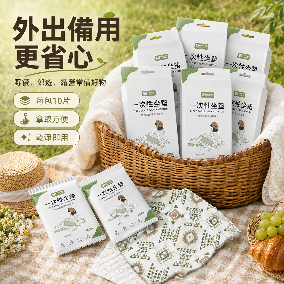 一次性折疊坐墊(民族圖案  每包10片)│防潮墊