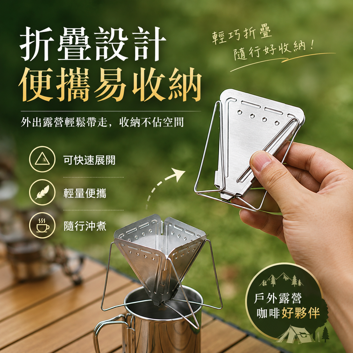 戶外露營手沖咖啡過濾器│漏斗帶支架不銹鋼過濾杯│滴漏神器│細密咖啡過濾器│輕巧便攜