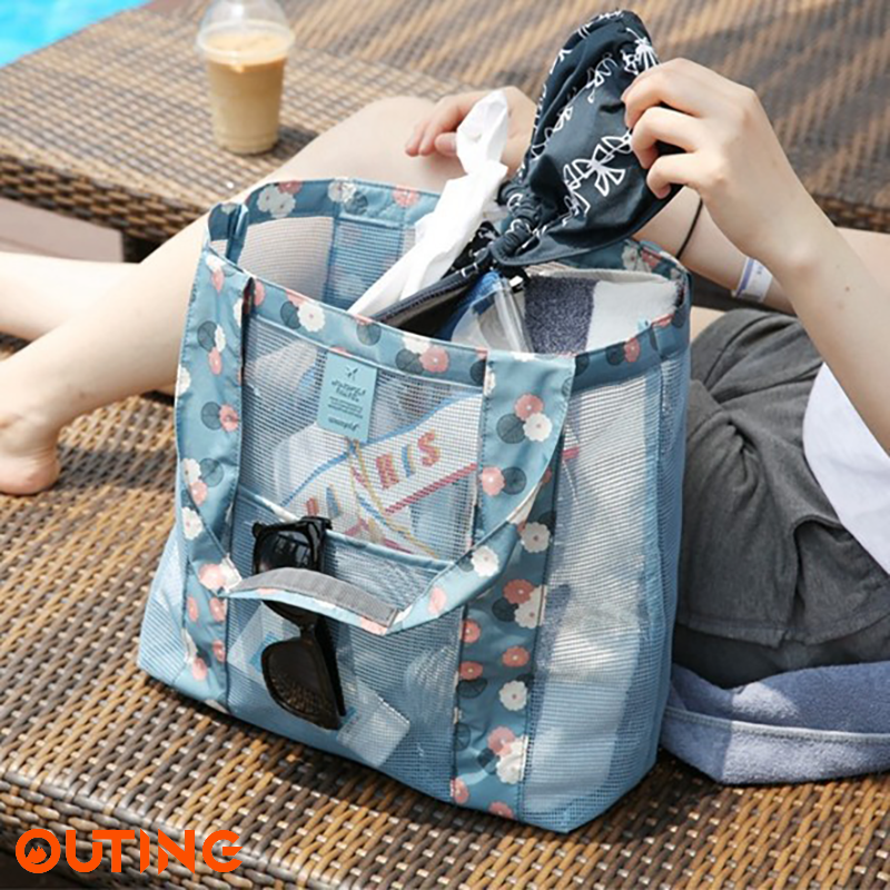 沙灘網狀防沙袋 大容量防水tote bag 夏日休閒游泳袋戶外運動手提袋 多用途袋 旅行日用品手提包 野餐收納包 (藍色)