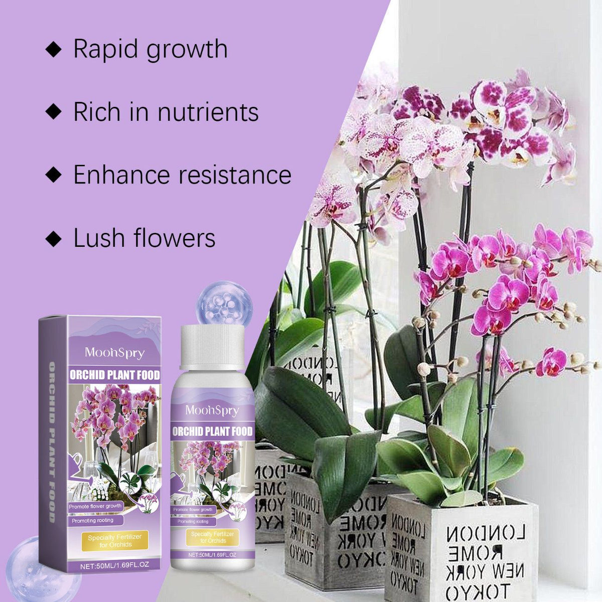 MoonSpry 蘭花生長營養液(50ml)|花蕾花卉有機葉面肥料|植物根生長肥料液
