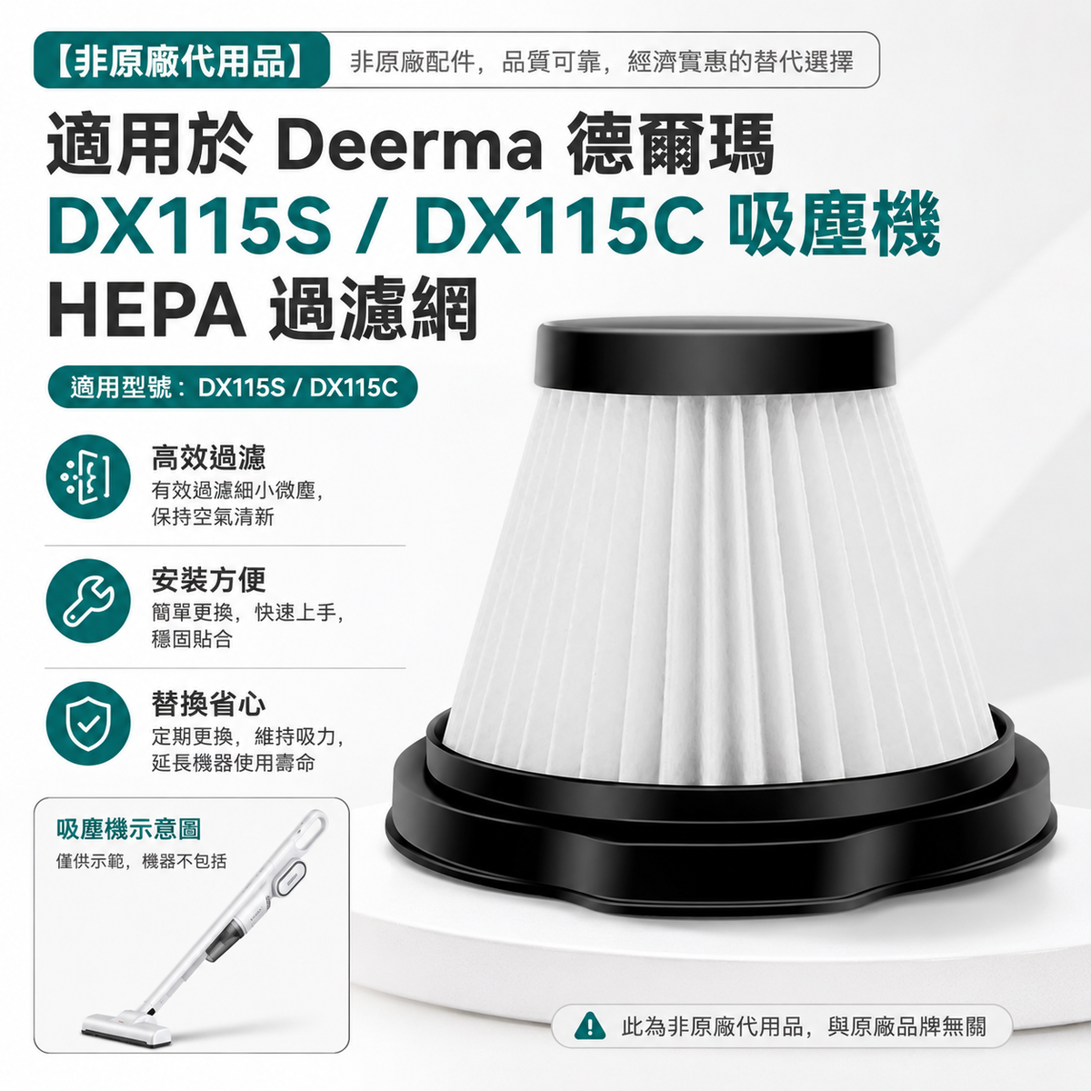適用於Deerma德爾瑪DX115S/DX115C吸塵機HEPA過濾網[非原廠代用品]