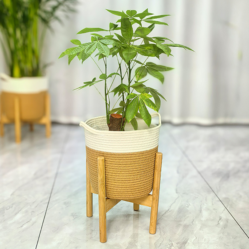 落地花盆連木質支撐架 客廳盆栽大花盆托架 陽台植物擺放架組合 (小 - 直徑約27cm)