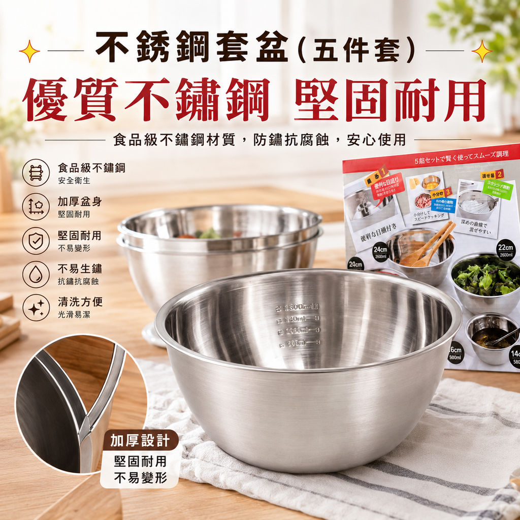 不銹鋼套盆(五件套裝)│沙律打蛋盆套裝
