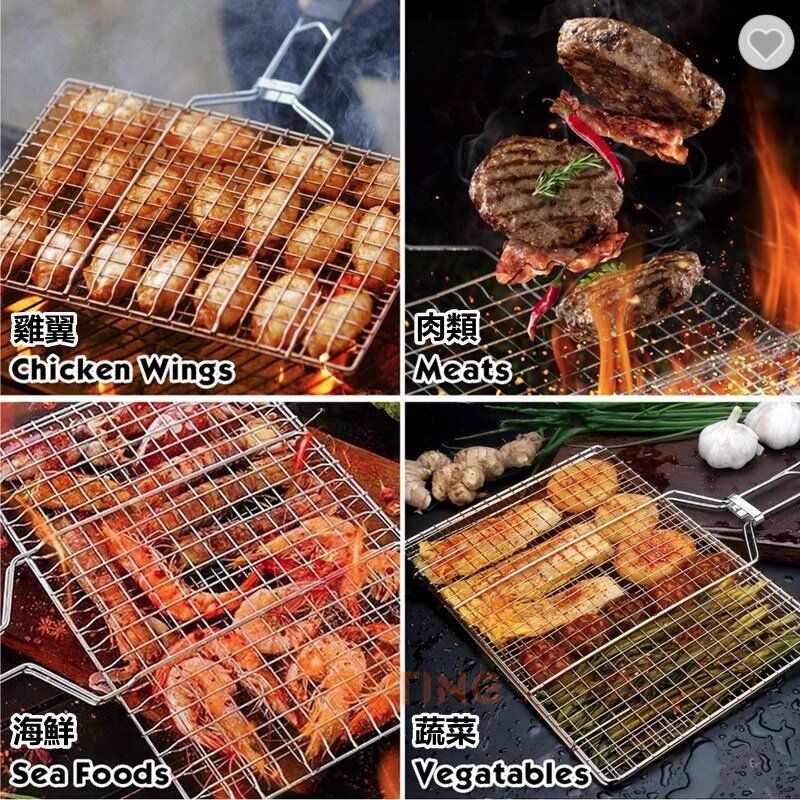 方形木柄雙魚BBQ燒烤網/燒烤雙魚烤架/烤爐雙魚夾/燒烤架/燒烤夾/烤魚夾/烤肉夾/燒烤網/麵包燒烤夾/漢堡燒烤夾/燒魷魚/魚肉/蔬菜/蝦