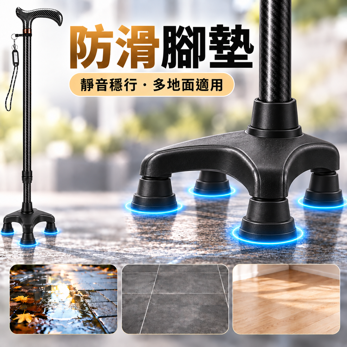 碳纖維輕便防滑拐杖(黑色四腳款|高度可調)|長者專用防摔杖|下肢傷患者中風康復者拐杖|步行登山杖