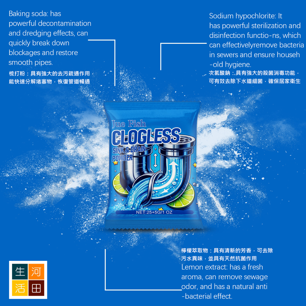 JUE-FISH 強力管道疏通劑 (30g)│超強通渠粉末│下水道通暢劑│管道疏通清潔粉│溶解管道油污堵塞除臭粉│廚房浴室疏通除臭劑