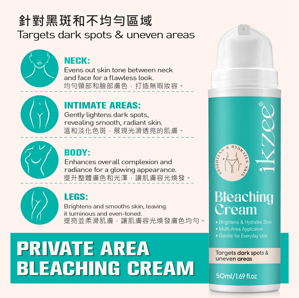 ikzee私密部位亮白霜腋(50ML)│腋下乳暈手肘私處褪黑霜│保濕提亮│粉嫩肌膚