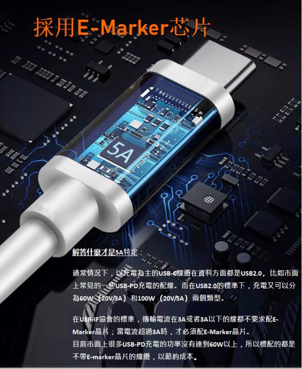 USB-C to USB-C 5A快速充電數據線 （內置E-Marker IC）MacBook