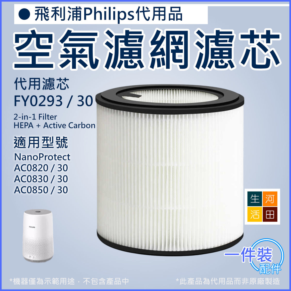 適用Philips飛利浦淨化器濾芯FY0293/30│NanoProtect AC0820 AC0830 AC0850/30│空氣清新機替換用除臭活性碳+HEPA 2合1濾網濾芯