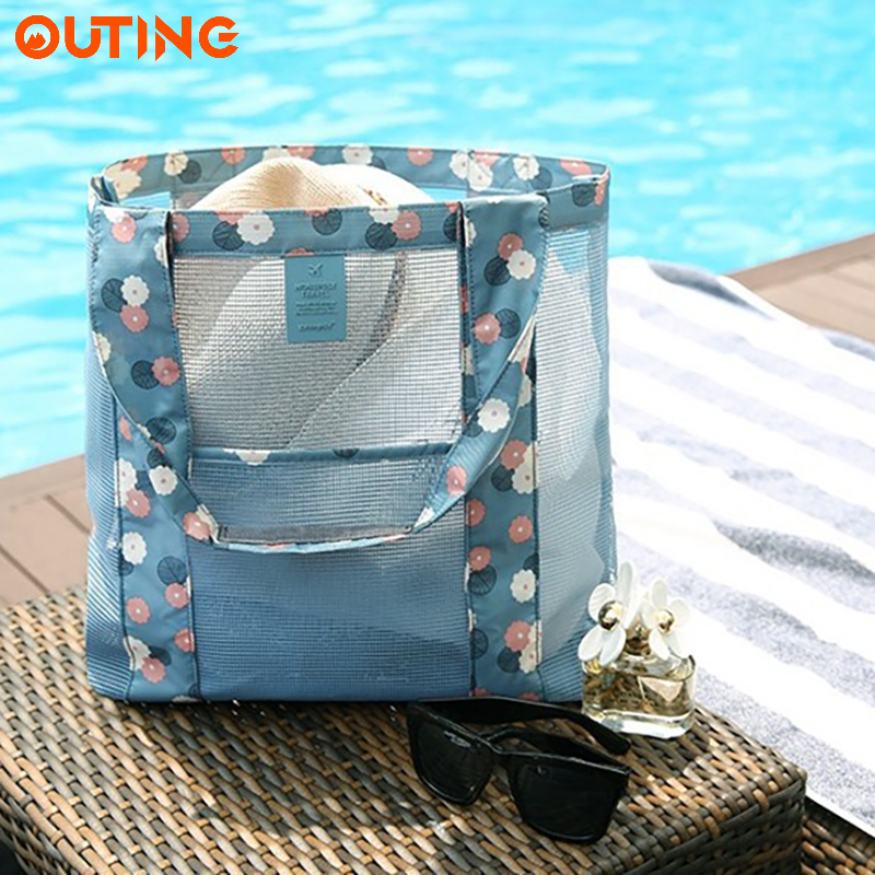 沙灘網狀防沙袋 大容量防水tote bag 夏日休閒游泳袋戶外運動手提袋 多用途袋 旅行日用品手提包 野餐收納包 (藍色)