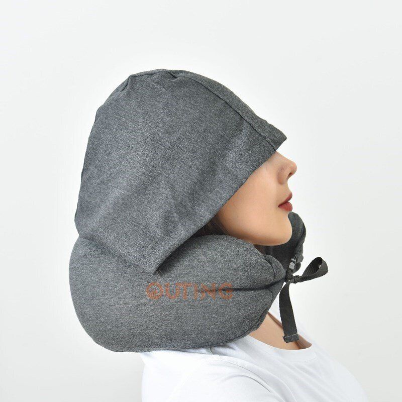 連帽子U型枕 (灰色)/全棉護頸枕連帽子/帶帽頸椎枕/午休連帽枕頭/旅行飛機睡枕
