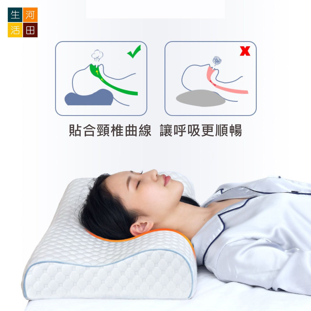 記憶綿波浪枕|白色蘭精天絲套護頸慢回彈枕|高低設計記憶枕頭|波浪曲線貼枕