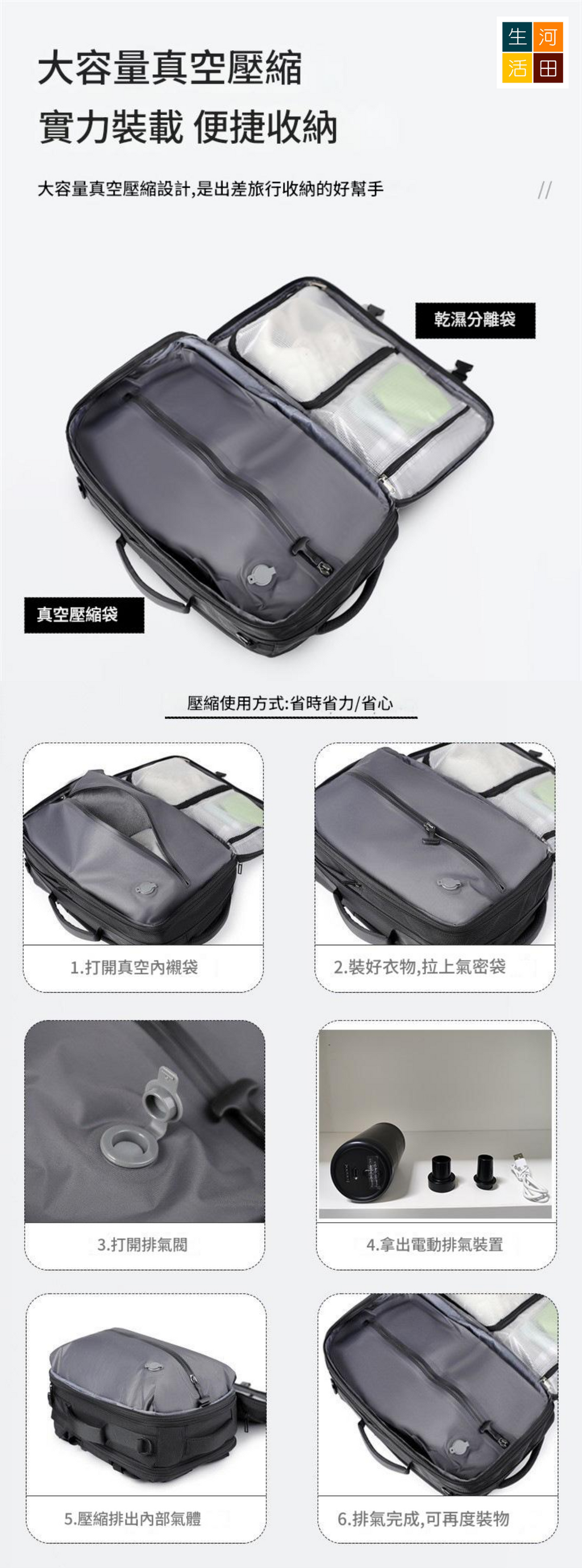 大容量擴展旅行背包(送氣泵) | 真空隔層 乾濕分離 間隔實用 防水堅韌 廉航恩物
