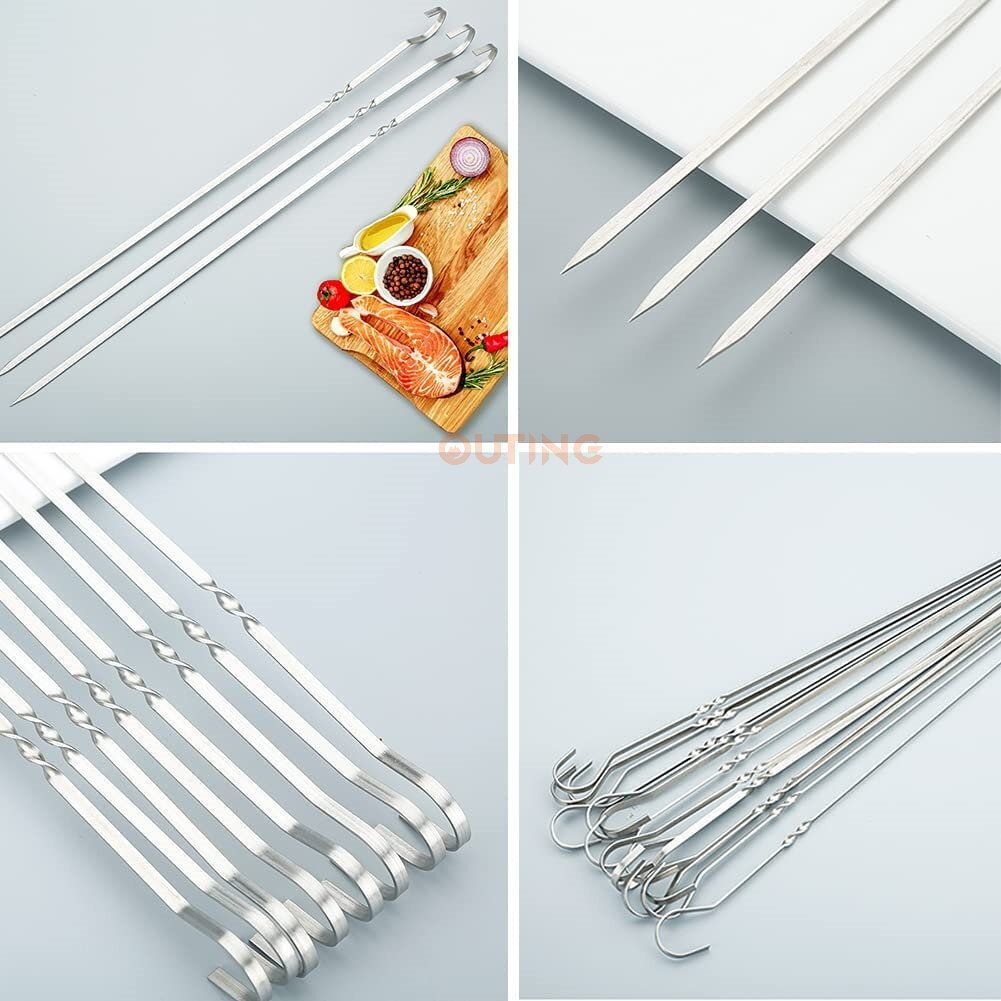 BBQ不銹鋼波浪燒烤針（1盒10支）38cm |可重覆使用食品級 扁針 燒烤叉 肉串針 長型串燒