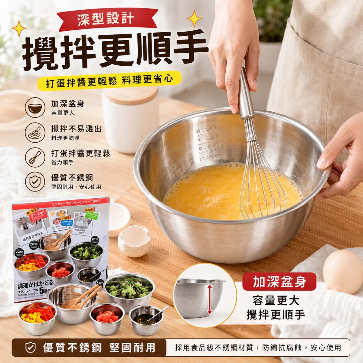 不銹鋼套盆(五件套裝)│沙律打蛋盆套裝